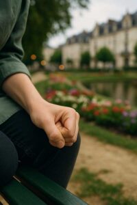 Main crispée en poing sur les genoux, signe de tension et de stress.