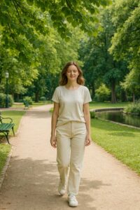 Femme sereine marchant dans le parc des Prébendes à Tours, symbole de liberté retrouvée après une séance d’hypnose pour phobie.