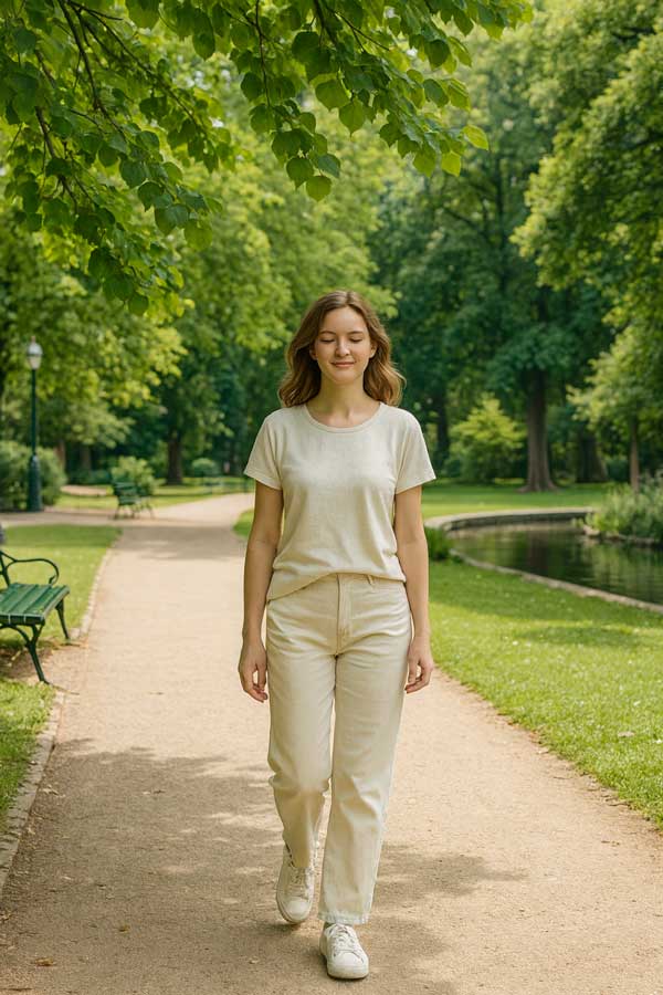 Femme sereine marchant dans un parc, symbole de liberté retrouvée après une séance d’hypnose à Tours