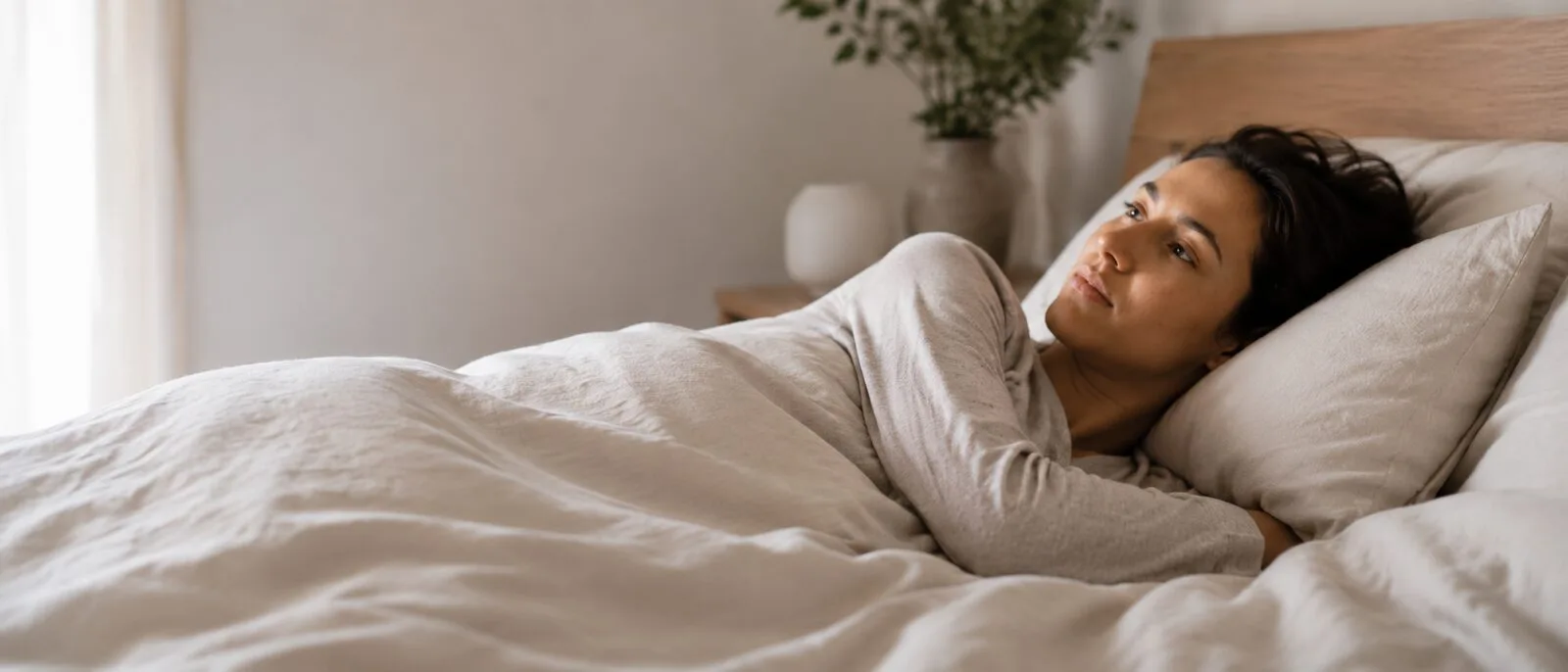 Femme allongée dans son lit, regard pensif, illustrant une période de dépression et de fatigue émotionnelle