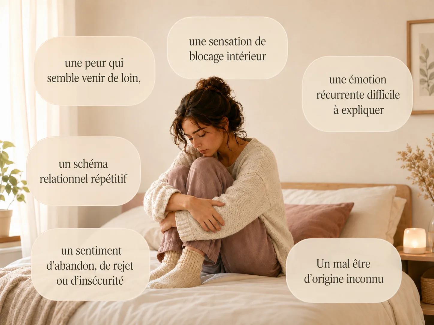 Illustration des raisons de consulter en hypnose régressive : peur ancienne, blocage intérieur, émotion récurrente, schéma relationnel répétitif et mal-être d’origine inconnue.